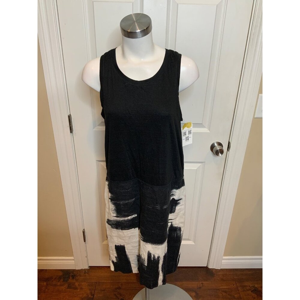 Max Mara Black & White Brushstroke Sleeveless Linen Tank Dress, Size 12 | 46